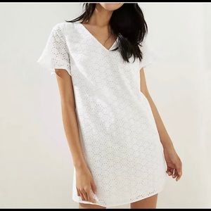LOFT Women's SZ 10 White Eyelet V-Neck Mini Dress